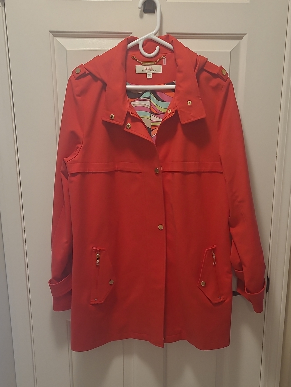 EUC Trina Turk Vibrant Red Hooded Rain Coat XL